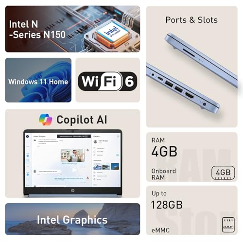 Image of HP dq6012dx 14 inch Laptop, Intel N150 Processor (Up to 3.6GHz), 4GB RAM, 128GB eMMC Storage, 14-inch Micro-Edge Display, Wi-Fi 6, Webcam, HDMI, Windows 11 Home in S Mode, Blue, Bundle PCO Cooler (Blue)