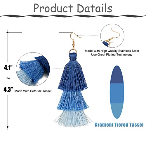 FINREZIO Dangle Tassel Blue Earring for Women Boho Earring Long Thread Tassel Earrings Bohemian Fringe Drop Handmade EarringsGradient3