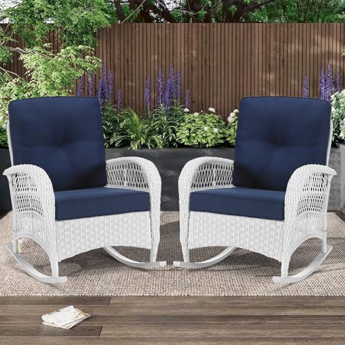 MEETWARM Outdoor Wicker Rocking Chairs Set of 2, Rattan Patio Rocker Chairs with Thick Cushions and High Back, All-Weather Patio Wicker Chair with Safe Rocking Design for Garden, White/Navy