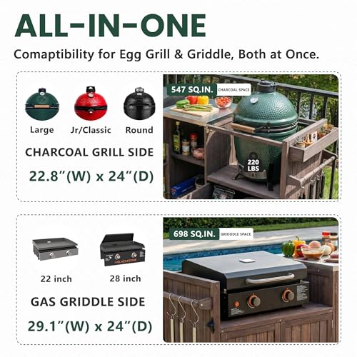 Image of Merax 80.5 inch Outdoor Kitchen Island for Big Green Egg& Blackstone Griddle, Solid Wood Grill Cart Table with Stainless Steel Top, for Large Big Green Egg and 21 inch /28 inch Blackstone Griddle, Dark Brown