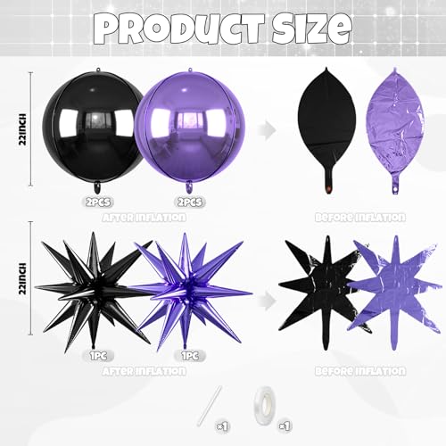 Image of 6pcs 22 inch Black Purple Star Balloons and 4D Large Foil Balloons, Black Foil Star Balloon Purple 4D Aluminum Balloon For Birthday Baby Shower Halloween Theme Party Wedding Graduation Decorations