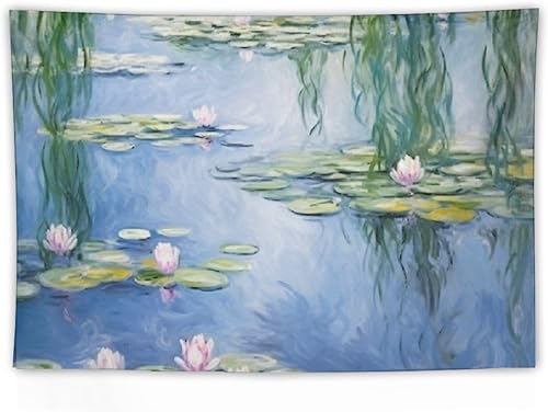 Miniatura 5 de DPOTLI Monet - Tapiz floral estético para dormitorio, diseño de lirios de agua azules, póster abstracto de flores naturales para colgar en la pared