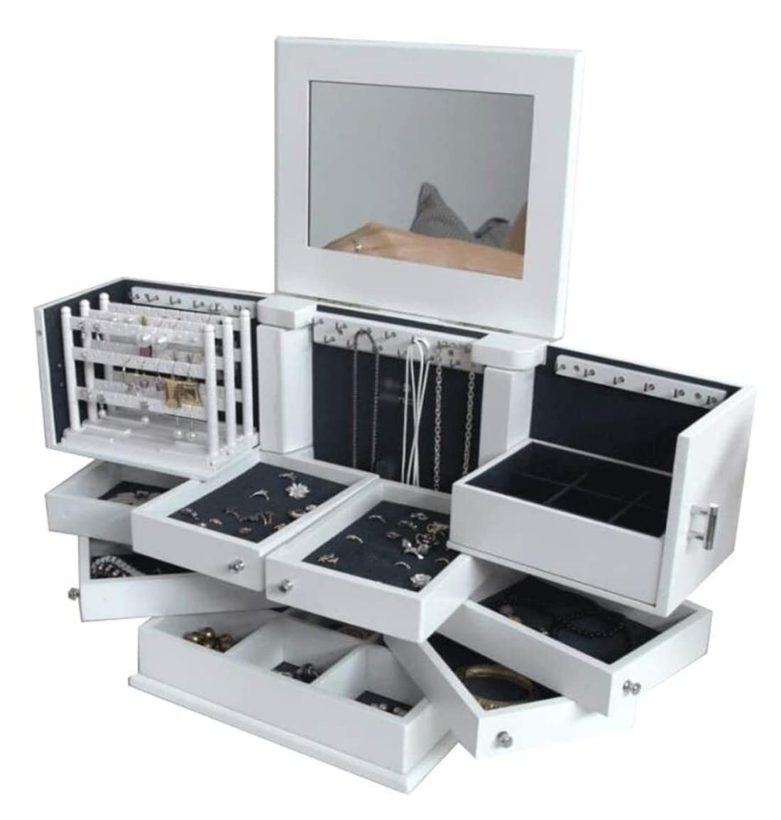 FENOKD Jewelry Case Display Wooden Jewelry Box with Mirror Lid 5-Layer Jewelry Organizer Box Extra Large Capacity Jewelry Armoire Ring Necklacel Jewelry Organizer