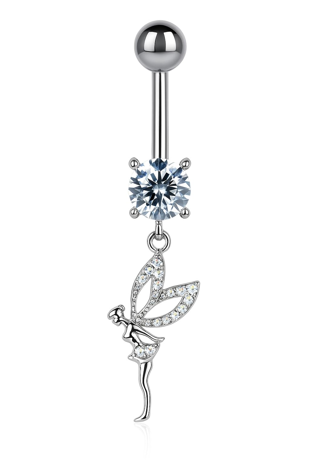 Piercing para el ombligo, plata de ley 925 y circonita, cristal de acero quirúrgico 316L, plátano, piercing para el ombligo, 1,6 x 10 mm, alas de hada elfe, niña, color blanco