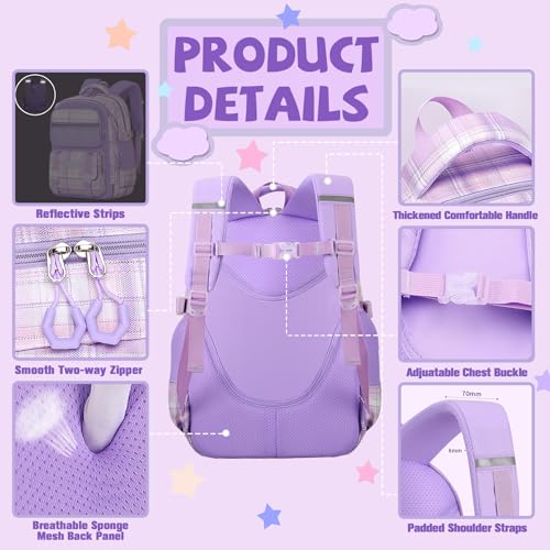 6Pcs Kawaii Backpack Set, Pink Bookbag Plaid Laptop Bag Water-Resistant Lightweight Daypack, Large Capacity School Bag Double Shoulder Backpack with Chest Strap (Pink)4