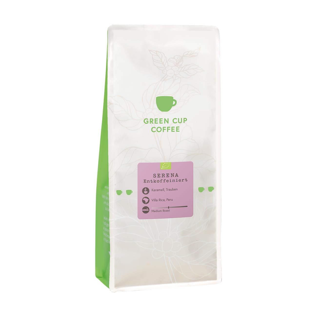 Green Cup Coffee Serena | Entkoffeinierte Kaffeebohnen Ganze Bohnen 1 kg | 100% Arabica Peru Bio | Mittlere Röstung Schokoladig Karamell Trauben | Vollautomat French Press Cold Brew