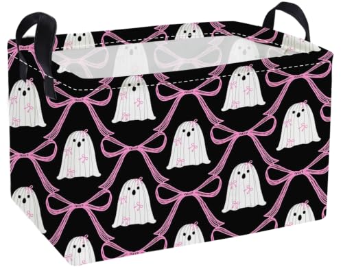 Image of Essme Rectangular Halloween Basket,Ghost Storage Bins Organizer with Handles for Room Decor, Gift Basket,Shelf Basket.(Bow Ghost)