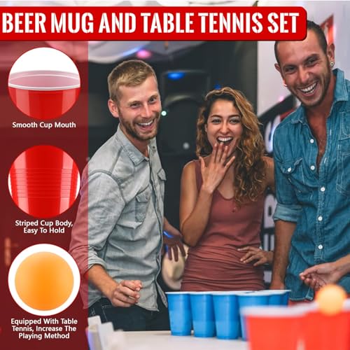 Kasanni Beer Pong Becher Set, 500ML Bierpong Becher Enthält 12 Tischtennisbälle und 50Becher, Beerpongbecher, Wiederverwendbare Partybecher für Weihnachten Party Geburtstag Festivals Hochzeit Camping