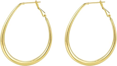 Miniatura 8 de Pendientes de aro ovalado ligeros para mujer - chapados en oro de 14 quilates, chapados en oro rosa y plata de ley, aretes de aro oblongo grandes
