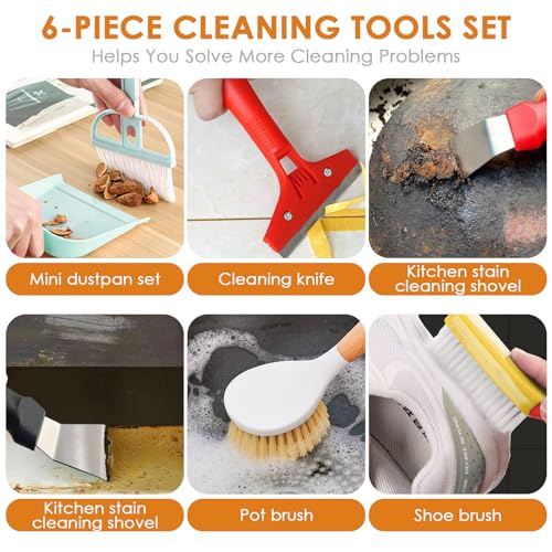 Broom and Dustpan Set with Long Handle and 6 Bonus Cleaning Tools, Upright Standing Combo with Self-Cleaning Teeth & Windproof Dustpan for Pet Hair, Home, Kitchen, Garage, Apartment
