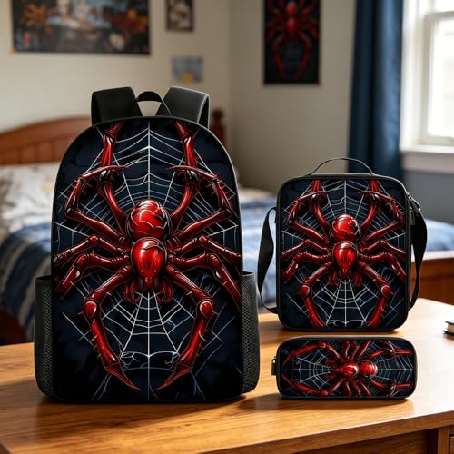 Conjunto de mochila com estampa aranha 3 em 1, 43 cm de grande capacidade, Vermelho, Medium, Versátil