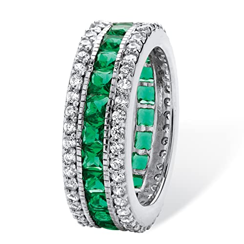 PalmBeach Platinum-plated Sterling Silver Princess Cut Simulated Green Emerald and Round Cubic Zirconia Bridal Eternity Ring Sizes 6-102