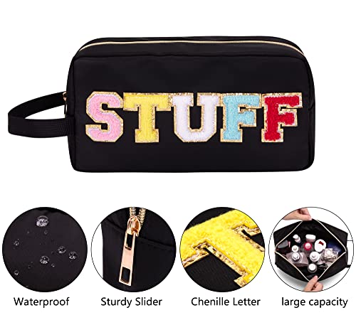 Ginsco Chenille Letter Cosmetic Bag, Large Capacity Preppy Patch Makeup Bag,Varsity Letter Stuff Pouch with Makeup Brush Holder Multipurpose Portable Travel Toiletry Bag with Carrying Handle Black - Image 4
