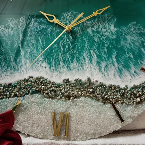 Image of Handmade Resin Wall Clock with Roman Numerals - Luxury Marble Effect Designer Wall Clock with Gold Finish, Silent Quartz Movement, Modern Home & Office Decor (Sea Green)