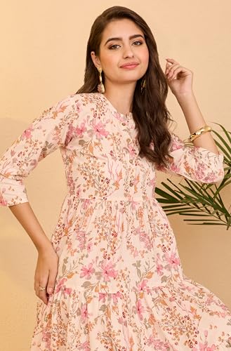 Image of Janasya Women's Light Pink Pure Cotton Floral Printed Tiered Dress
