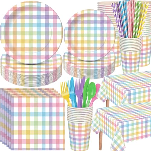 Image of Funnymoom 452 Pcs Pastel Easter Party Decoration for 50, Spring Easter Paper Plates Napkins Cups Tablecloth Cutlery Straws Rainbow Pastel Gingham Plaid Tableware for Spring Birthday Party Supplies