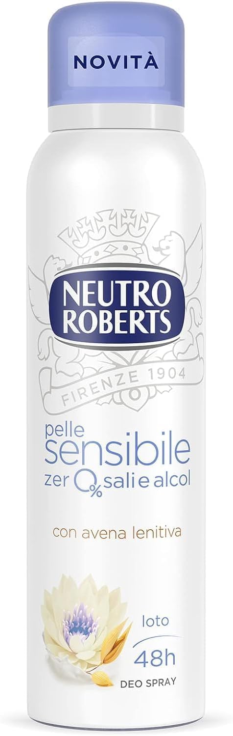 Neutro Roberts - 12 deodoranti spray Pelle Sensibile, con avena e fiore di loto, protezione 48 ore, senza sali e alcool, 150 ml, + portachiavi Italy Shop Service