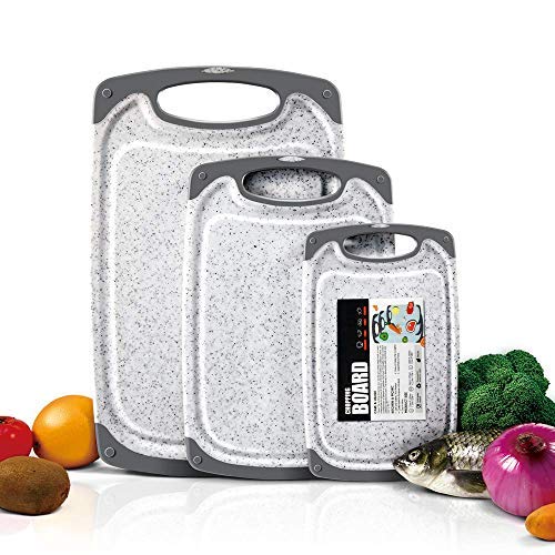 MASTERTOP Juego 3 Tablas de Cortar Grandes de Plástico Grueso con Ranura para Jugos y Tablas de Cocina con Mango Sin BPA para Hogar, Alimentos, Carne y Verduras