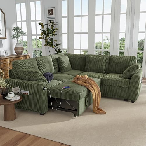 Image of Hanherry Sectional Couch with Pull Out Sofa Bed,Corduroy Sleeper Sofa with 2 Seat Storage & USB Charging,Comfy L Shaped Modular Couches for Living Room,Apartment