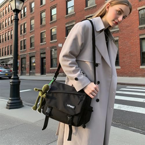 Image of Aesthetic Crossbody Bag with Cute Pins and Ornament, Nylon Shoulder Messenger Bag Japanese Kawaii Bag for Women Men