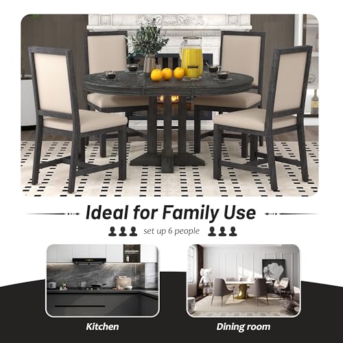 Image of 5-Piece Extendable Dining Table Set, Farmhouse Kitchen Table for 4 6 People with Removable Middle Leaf and 4 Cross Back Chairs, Round Dining Table for Kitchen, Dining Room, Black