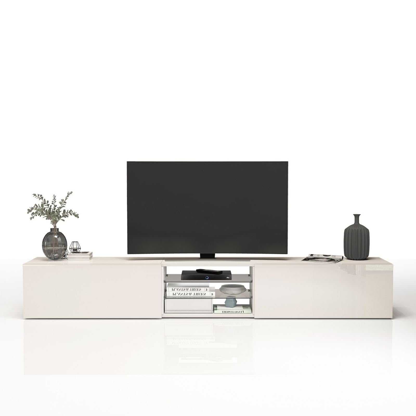 WHOUS Mobile Porta TV EGYPT per Soggiorno con 2 Ante a Ribalta e 2 Ripiani in Vetro, Mobile Tv per Salotto in Legno, 240x38x35 cm, Bianco Laccato Lucido