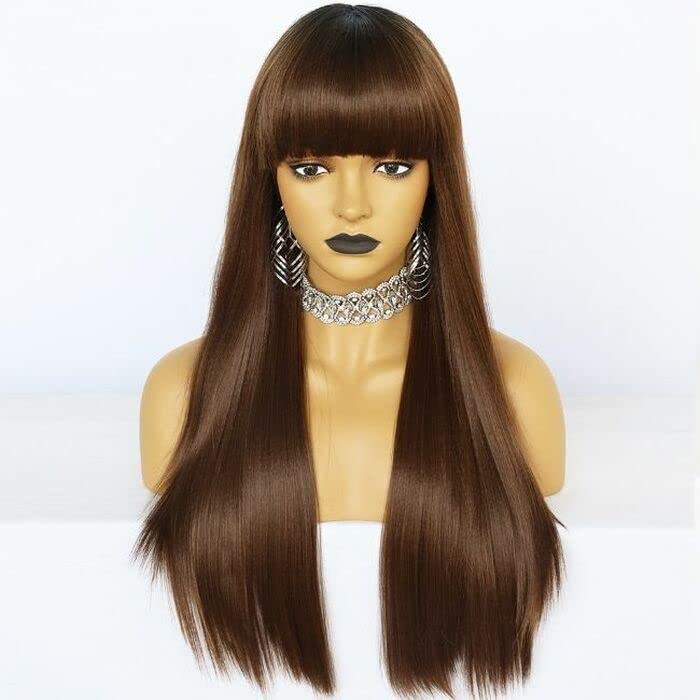 Image of BROWN LONG HAIR WIG STRAIGHT WITH BANGS FOR BEAUTIFUL LOOK