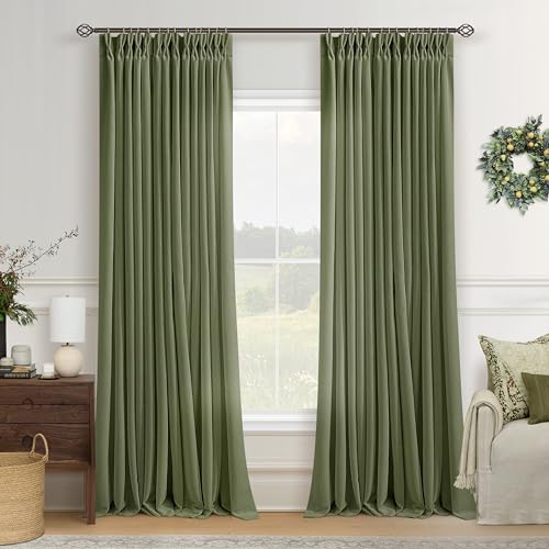 Image of Olive Green Linen Semi Sheer Pinch Pleated Curtains 120 Inch Long | Floor To Ceiling Extra Long, Light-Filtering Privacy, Faux Textured, Balcony Sliding Door, Hook Rings Memory Shape, Modern