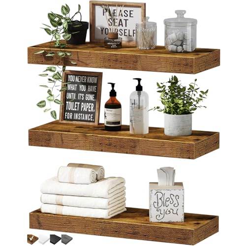 Comparison: Best Wood For Kitchen Shelves 6 QEEIG Floating Shelves for Wall Bathroom Shelf Bedroom Kitchen Living Room Hanging Book Shelves Small Farmhouse Decor 16 inch Set of 3, Rustic Brown (015-BN3)