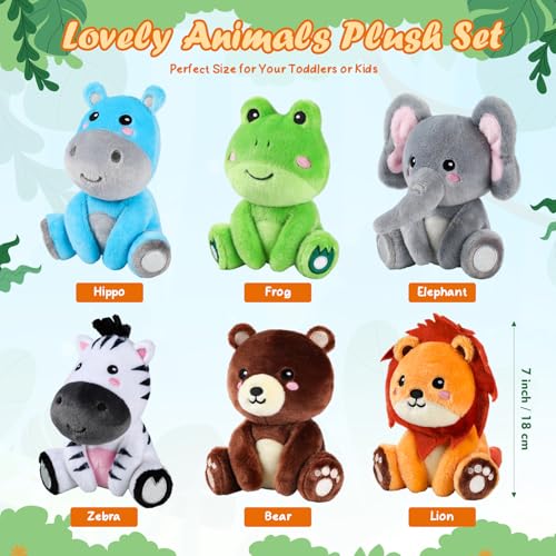 Image of RoundFunny 6 Pcs Forest Animals Toys 7 inch Stuffed Animals Set | Zebra Lion Hippo Bear Elephant Frog Large Animals Plush Toy for Forest Baby Showers Party Decor, Birthday Gifts Award