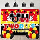 Cartoon 2nd Birthday Party Decorations – 5x3FT Backdrop Banner with 18 Black Red Yellow Balloons, Cute Mouse Theme Photo Props Background for “Oh Two” Party Celebration Supplies