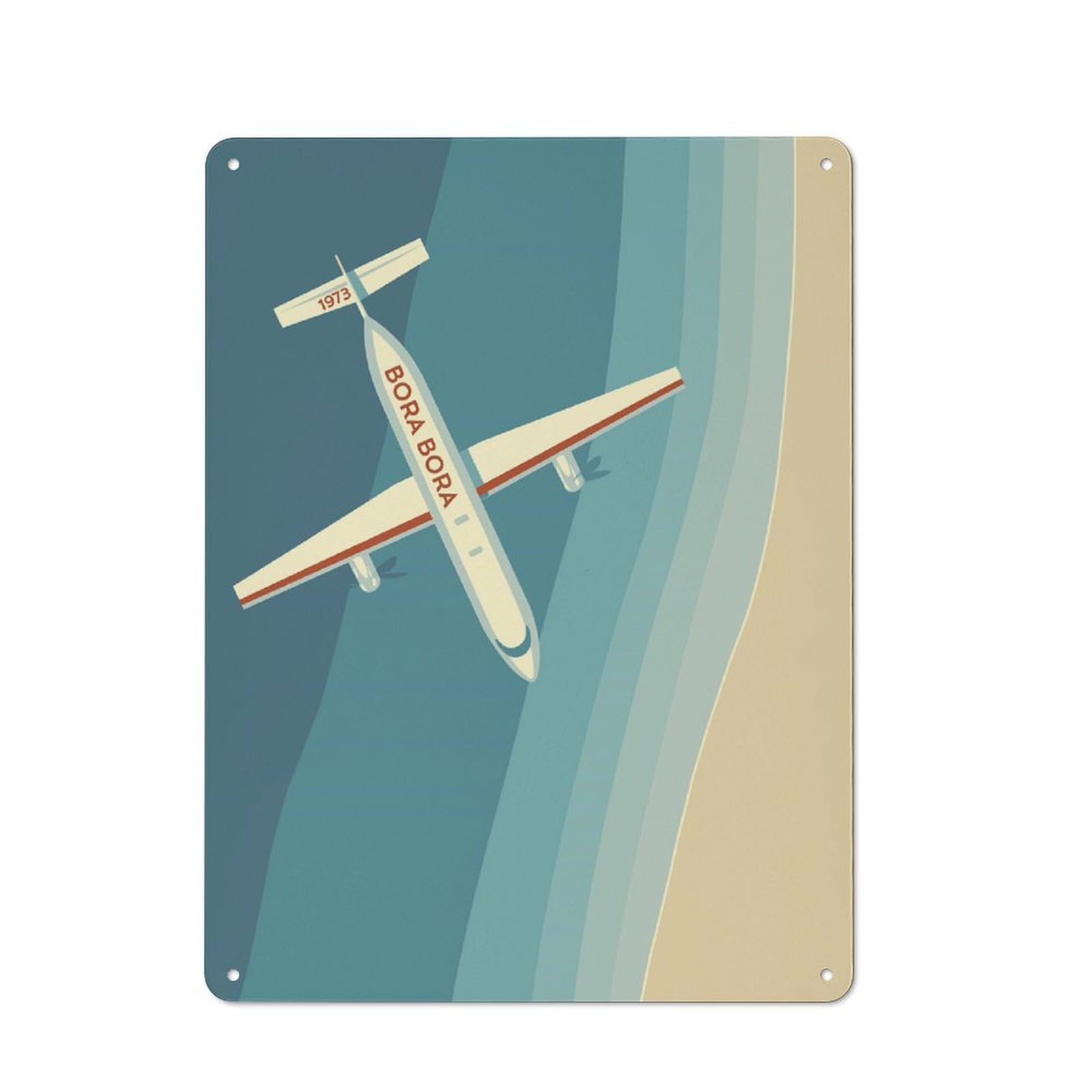 Junmoney Style-19 Metal Wall Sign 40X30cm Featuring Airplane Over Bora Bora Mid Century For Garage Or Workshop, For Garage, Workshop And Man Cave Decoration