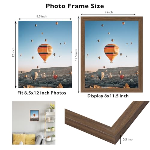 Image of JCJMY 8.5x12 Picture Frame Brown for Wall Hanging or Tabletop, Wall Mounting Horizontally or Vertically, 8.5 x 12 Wall Gallery Poster Photo Frame with Shatter Resistant Plexiglass, Brown