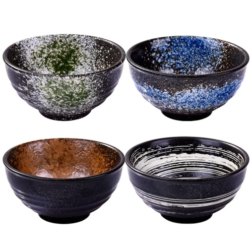 Japanese Ceramic Rice Bowls, Traditional Speckled Design, Set of 4, 4.5 Inch, Multi-Colored Green Blue Brown White