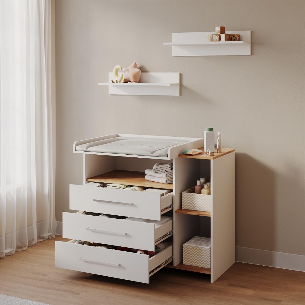 Livinity Cambiador Torino, Roble Blanco/Dorado, con 3 cajones
