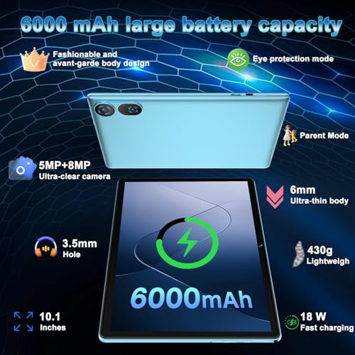 Image of DMOAO Tablet, 2026 Android 15 Tablet with Gemini AI, 10.1 Inch FHD Display, 30GB RAM 64GB ROM /1TB TF, 6000mAh Battery, Octa-Core 2.0GHz, Widevine L1, 2 in 1 Tablets with Keyboard Mouse(Blue)