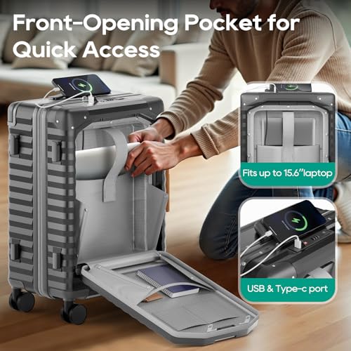 Image of Joyway 20 Inch Carry on Luggage with Front Pocket, PC Hardshell Carry-on Suitcase with USB Port and Cup Holder, 21.5x14.2x9 Airline Approved, Luggage with Spinner Wheels and TSA Lock (Grey)