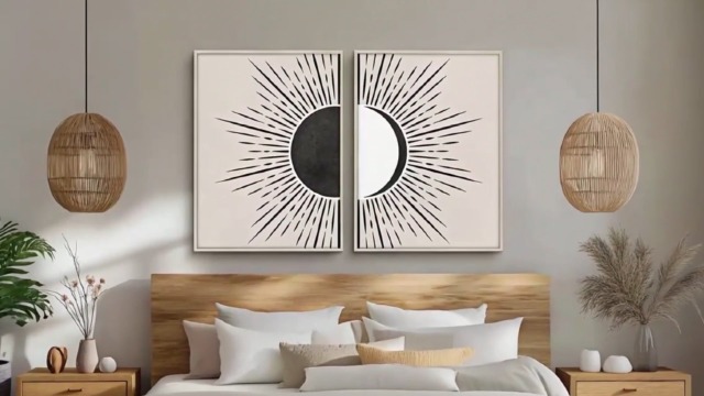 LHIUEM Set Di 3 Quadri Su Tela Bohémien – Astratto Geometrico Con Sole – Nero E Beige – 40x60 Cm - 3