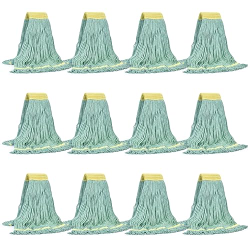 Matthew Cleaning Commercial Mop Head Replacement, 5 Inch Wide Headband, Looped End Cotton Blend String Wet Mops for Floor Cleaning, 24 oz Large, Case Pack 12 Pcs Green