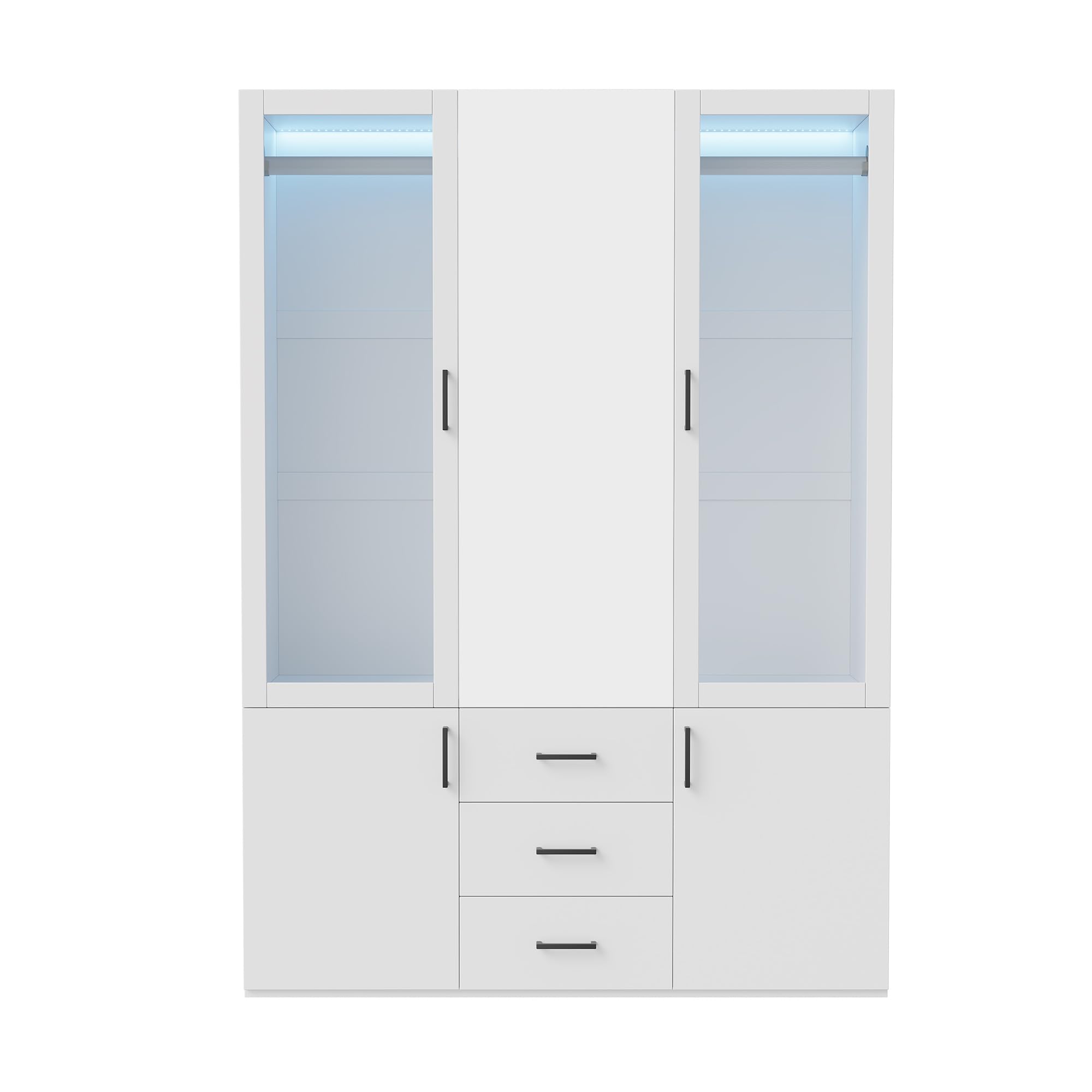 Armadio Guardaroba 4 Ante con 3 Cassetti e LED, Armadio Camera Da Letto Bianco, Mobile Con Appendiabiti, Armadio Moderno Salvaspazio, Armadio Guardaroba con Specchio