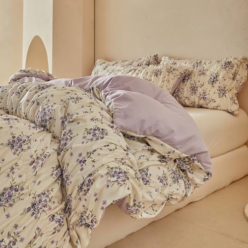Image of VM VOUGEMARKET Shirred Duvet Cover Set Twin,Vintage Purple Floral