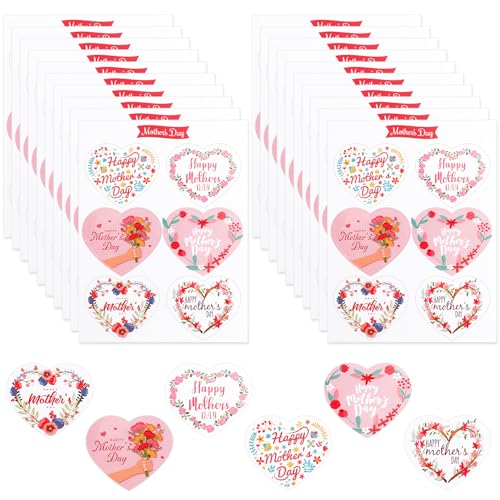 Mothers Day Stickers 120PCS Happy Mothers Day Stickers 2 Heart Shaped Mom Sticker Decal Mom Gifts 20 Sheet Self-Adhesive Mothers Day Crafted Mothers Day Labels Sticker for Envelope Seal Card Box