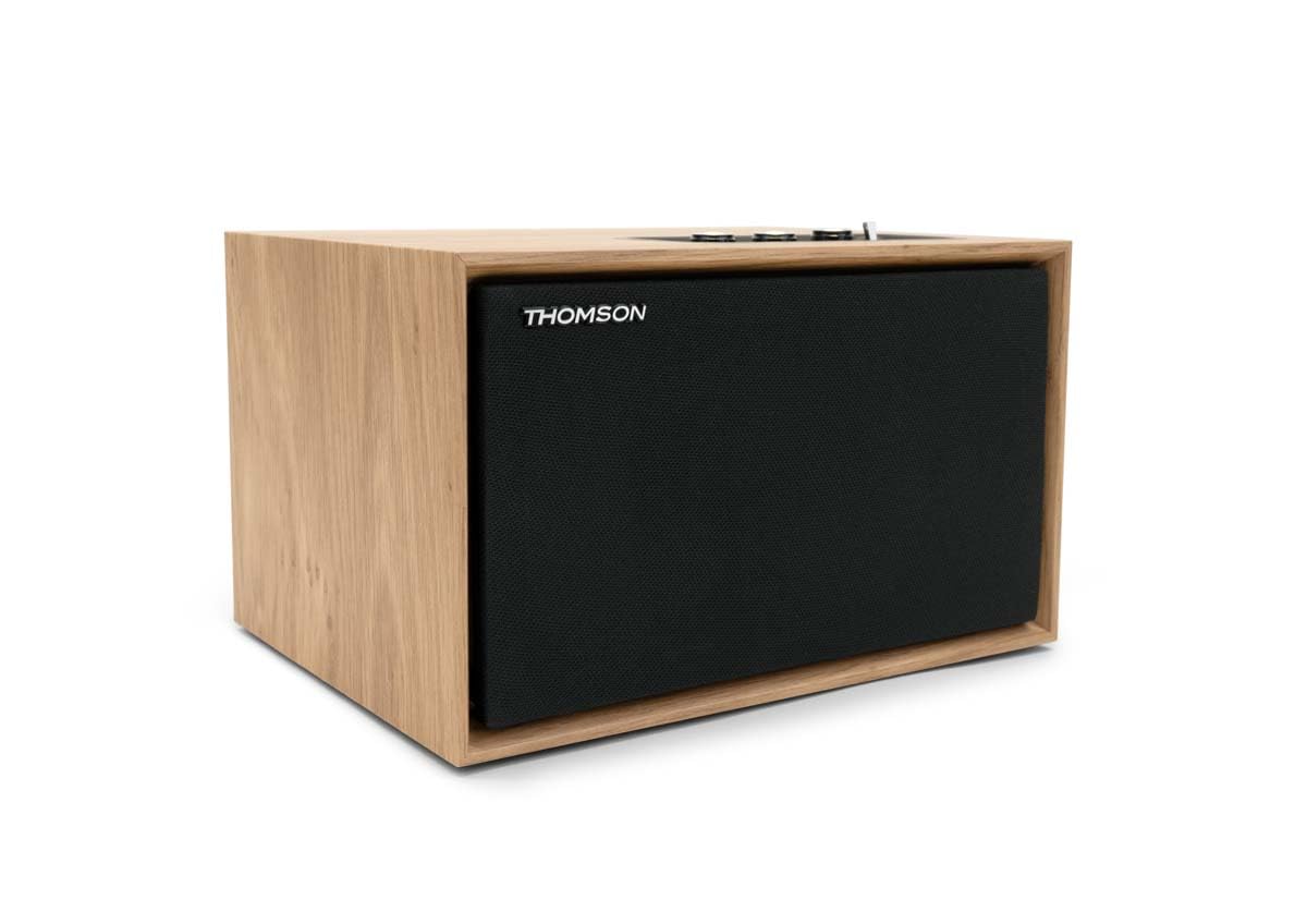 THOMSON WS302 - Altavoz Bluetooth 5.3, 50W Potencia Musical Total, Entrada 3.5mm AUX-IN, Ajuste de Agudos y Graves por Separado, Frontal extraíble, en Madera, marrón, alimentación 230V
