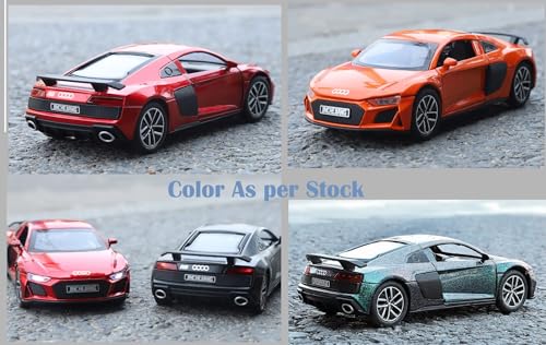 Image of 1:32 Scale Audi R8 Die-Cast Car - Alloy Pull Back Toy Vehicle with Lights, Engine Sounds & Openable Doors - Metal Sports Car Model for Boys, Kids & Collectors (Color as per Stock)