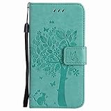 Yiizy Samsung Galaxy Grand Prime Cover Custodia, Albero e Gatti Goffratura Silicone Custodia Cover Portafoglio PU Pelle Cuoio Copertura Schede Cavalletto Stile Libro Protettivo Borsa (Verde)