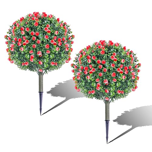 Artificial Boxwood Topiary Tree with Rose, UV Resistant, Set of 2 Artificial Shrub Bushes with Spike, Artificial Plants for Outdoor for Indoor Outdoor Front Porch Garden