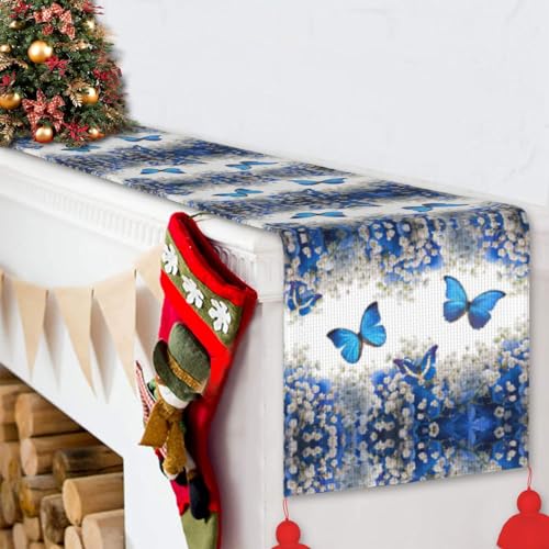 Chemin de table papillons bleus 152 cm avec pompons pour cuisine