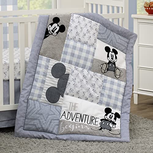 Image of Disney Mickey Mouse - Call Me Mickey Blue, White, and Gray The Adventure Begins Stars and Gingham 3 Piece Nursery Crib Bedding Set - Comforter, 100% Cotton Fitted Crib Sheet, and Crib Skirt