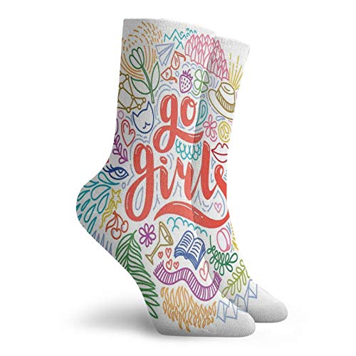 Fashion Compression Socks,Go Girls Hand-Drawn Lettering With Colorful Flowers And Geometric Figures Design,Performance Polyester Cushioned Athletic Crew Socks for Running,Athletic, -12 inch2