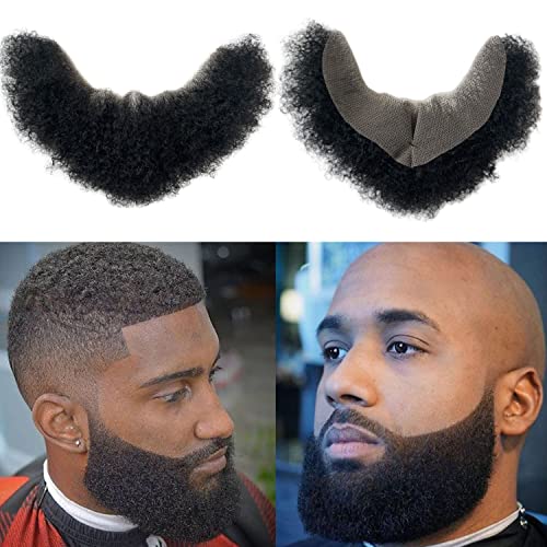 Voloria Human Hair Afro Curl Face Beard Mustache for American Black Men Realistic Makeup Lace Base Replace System 12 * 3Inch (1B Black Color)